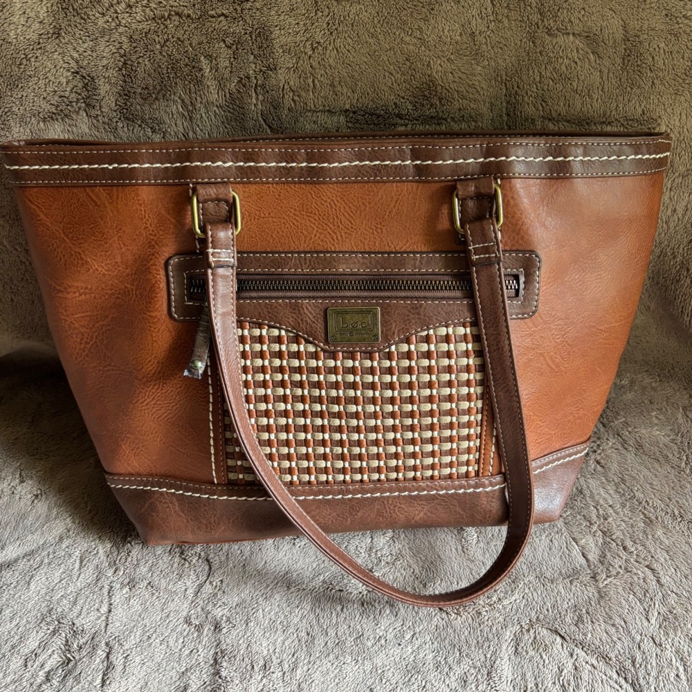 BOC Born Concept Cognac Faux Leather Woven Front Tote Shoulder Bag Brown
